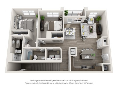 Floor plan for 2 beds, 2 baths, 1039 sqft